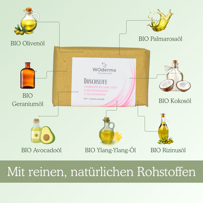 Duschseife mit BIO Rosengeranien- und BIO Palmarosaöl - Wild Origins