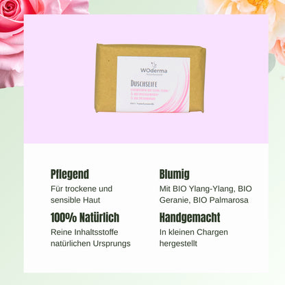 Duschseife mit BIO Rosengeranien- und BIO Palmarosaöl - Wild Origins